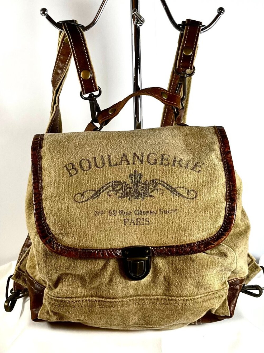 “Vintage Boulangerie Paris Canvas Backpack 🥐 Faux Leather French Market Bag”
